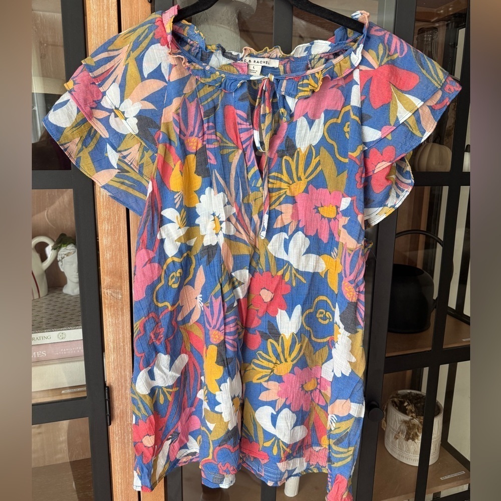 Zac & Rachel blouse floral top short sleeve ruffles tiered tie front gauzy boho